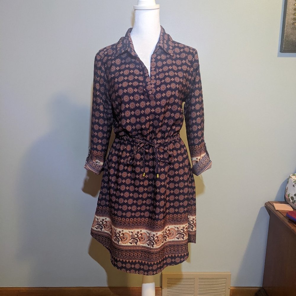 Rue 21 Blue Long Sleeve Dress with Orange/Pink Pattern